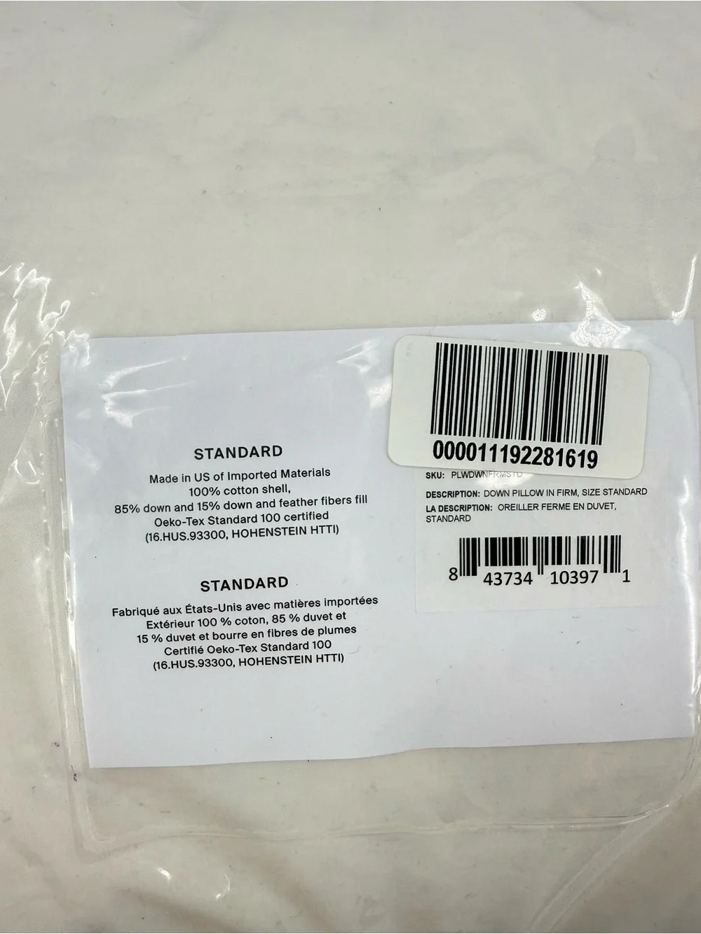 Parachute Firm Down Pillow Size Standard 100% Cotton Shell - Picture 3 of 9